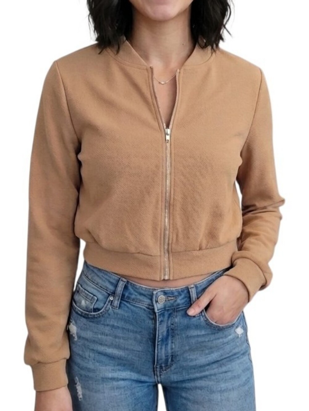 SHEIN Tan Solid Zip Up Crop Bomber Jacket Size Med